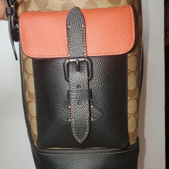 NWT COACH Signature Hudson Backpack in Colorblock Canvas Khaki/ Terracotta - Picture 10 of 14